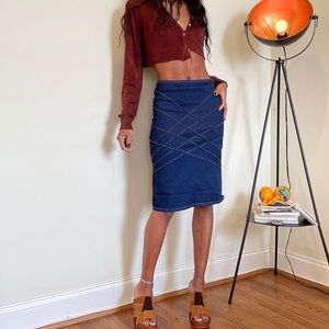 Dark wash denim pencil skirt by Beware.